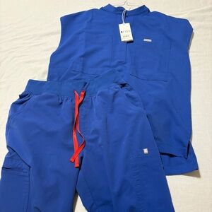 Figs Royal Blue Scrub Set with Red Accent